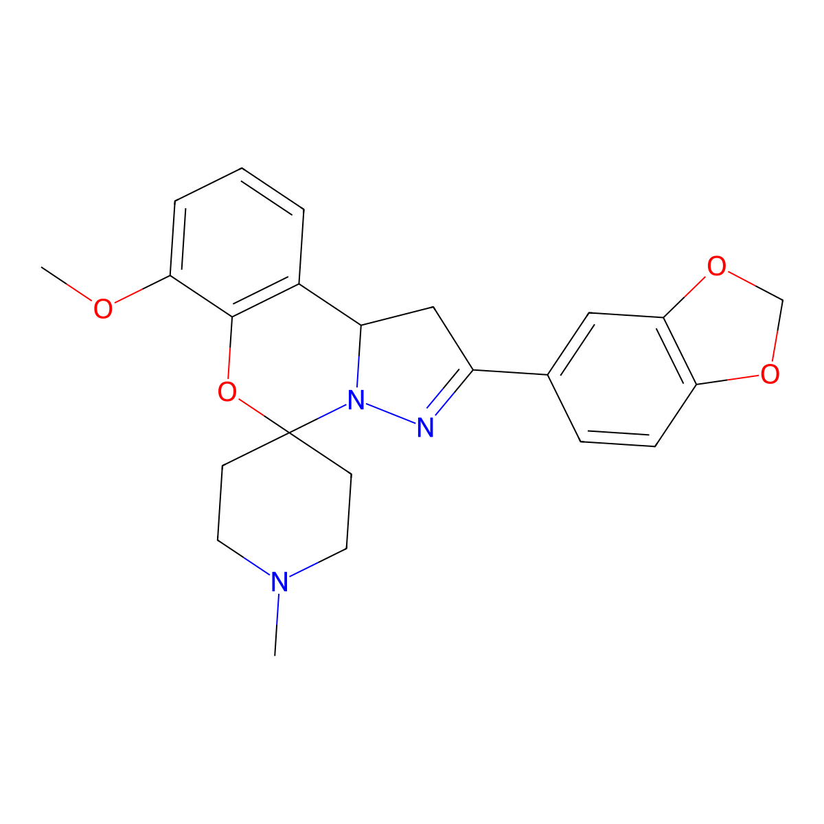 2-(Benzo[d][1,3]dioxol-5-yl)-7-methoxy-1'-methyl-1,10b-dihydrospiro[benzo[e]pyrazolo[1,5-c][1,3]oxazine-5,4'-piperidine] molecular structure, CAS 498569-30-5