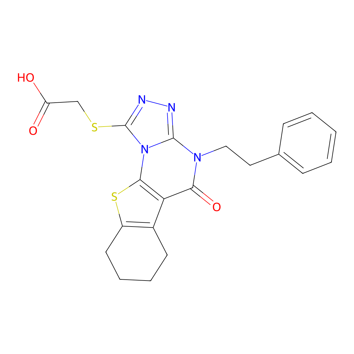 2-((5-Oxo-4-phenethyl-4,5,6,7,8,9-hexahydrobenzo[4,5]thieno[3,2-e][1,2,4]triazolo[4,3-a]pyrimidin-1-yl)thio)acetic acid molecular structure, CAS 498570-12-0