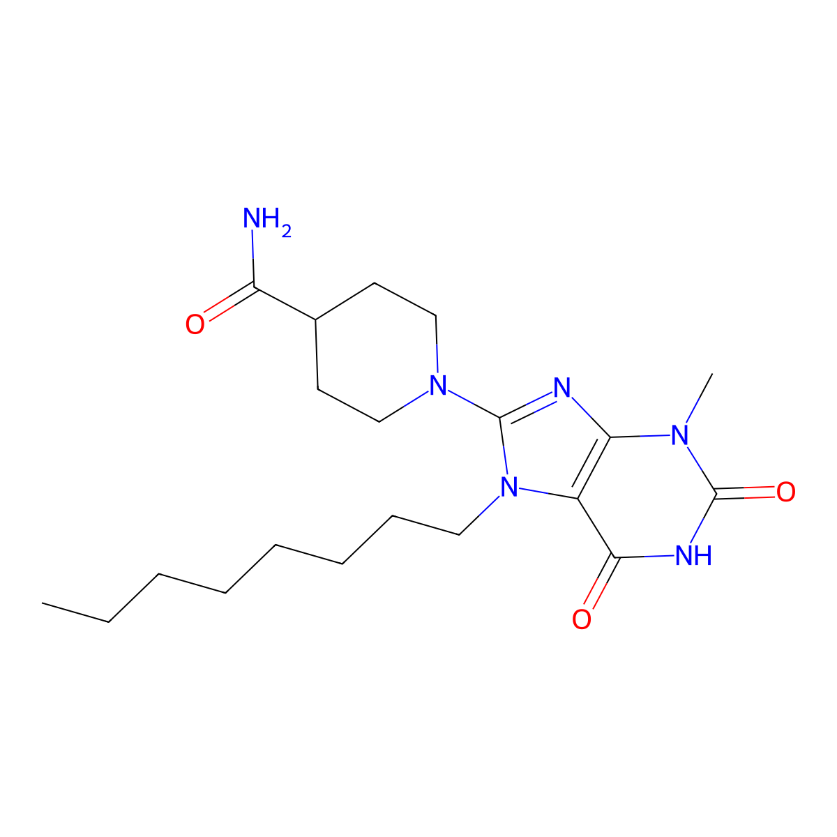 1-(3-methyl-7-octyl-2,6-dioxo-2,3,6,7-tetrahydro-1H-purin-8-yl)piperidine-4-carboxamide molecular structure, CAS 498570-54-0