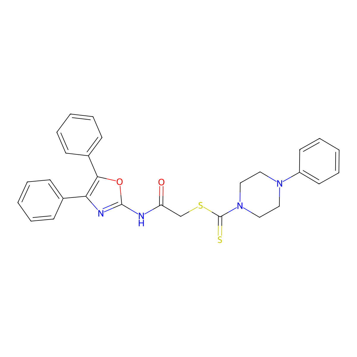 4-Phenyl-piperazine-1-carbodithioic acid (4,5-diphenyl-oxazol-2-ylcarbamoyl)-methyl ester molecular structure, CAS 498571-58-7