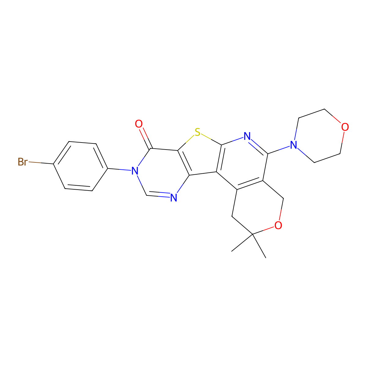 9-(4-bromophenyl)-2,2-dimethyl-5-morpholino-4,9-dihydro-1H-pyrano[4'',3'':4',5']pyrido[3',2':4,5]thieno[3,2-d]pyrimidin-8(2H)-one molecular structure, CAS 498571-88-3