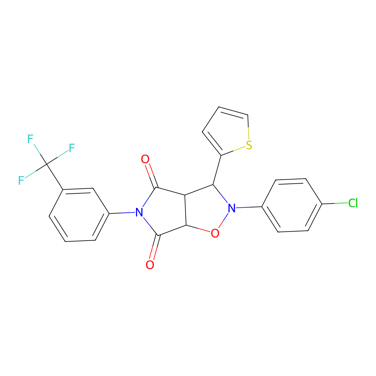 2-(4-chlorophenyl)-3-(2-thienyl)-5-[3-(trifluoromethyl)phenyl]dihydro-2H-pyrrolo[3,4-d]isoxazole-4,6(3H,5H)-dione molecular structure, CAS 499099-80-8