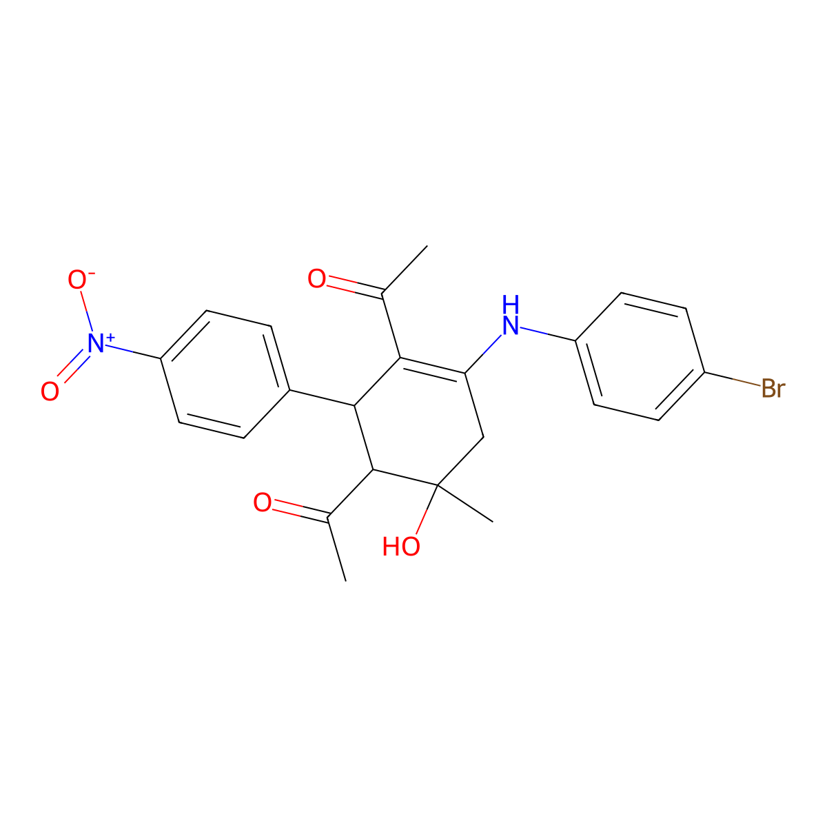 1-(3-Acetyl-4-(4-bromoanilino)-6-hydroxy-2-{4-nitrophenyl}-6-methylcyclohex-3-en-1-yl)ethanone molecular structure, CAS 499100-18-4