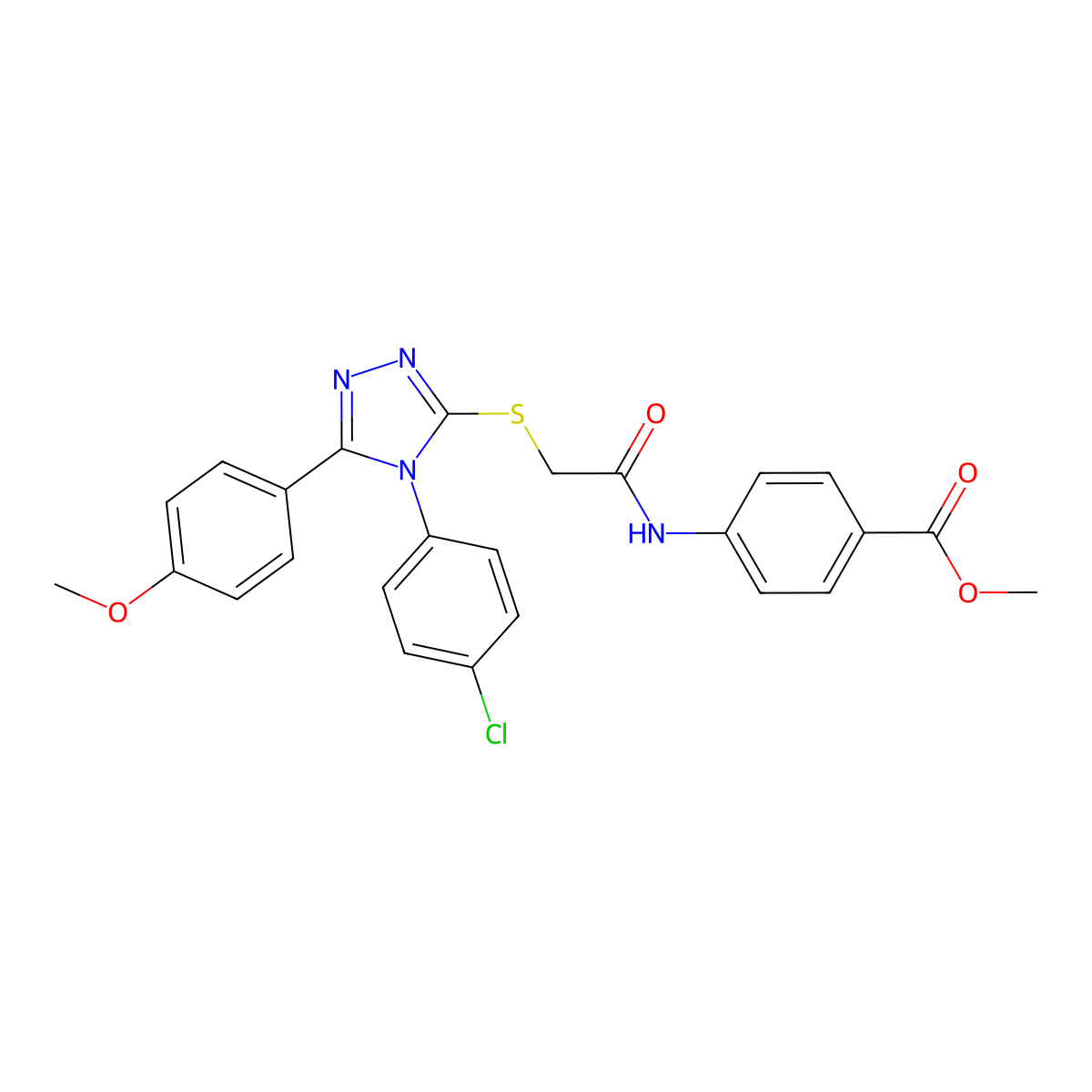 methyl 4-[({[4-(4-chlorophenyl)-5-(4-methoxyphenyl)-4H-1,2,4-triazol-3-yl]sulfanyl}acetyl)amino]benzoate molecular structure, CAS 499101-38-1