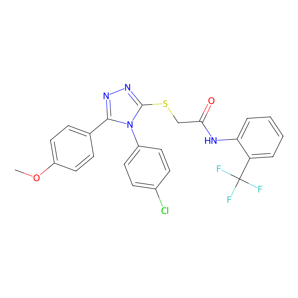 2-{[4-(4-chlorophenyl)-5-(4-methoxyphenyl)-4H-1,2,4-triazol-3-yl]sulfanyl}-N-[2-(trifluoromethyl)phenyl]acetamide molecular structure, CAS 499101-41-6