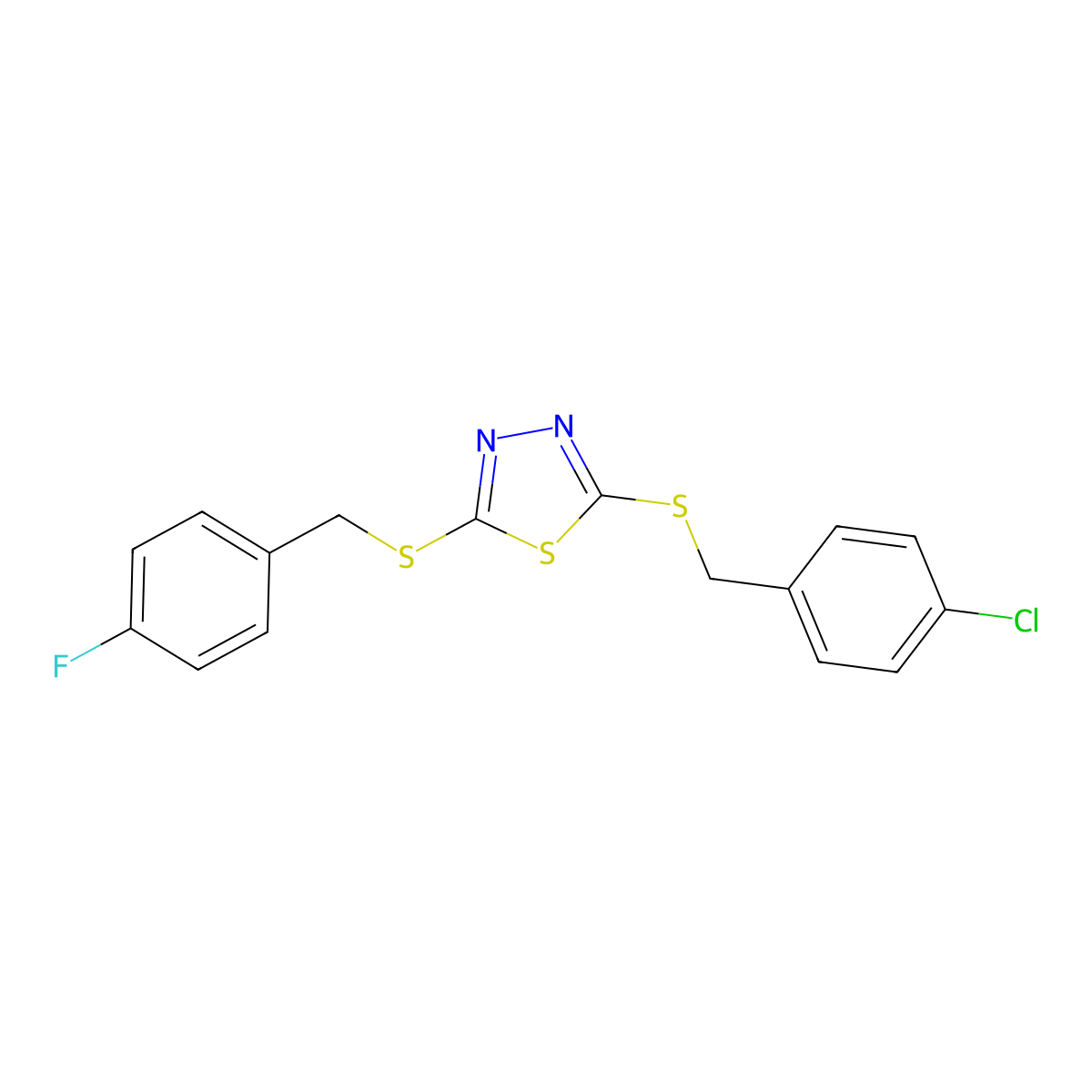 2-((4-Chlorobenzyl)thio)-5-((4-fluorobenzyl)thio)-1,3,4-thiadiazole molecular structure, CAS 499101-63-2