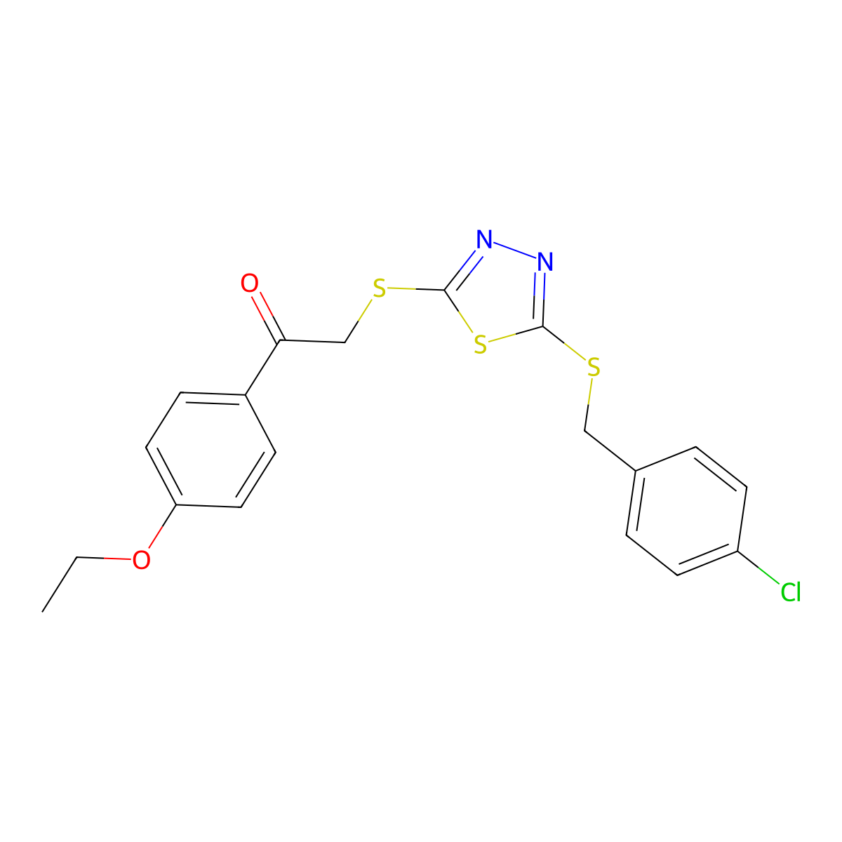 2-[[5-[(4-Chlorophenyl)methylsulfanyl]-1,3,4-thiadiazol-2-yl]sulfanyl]-1-(4-ethoxyphenyl)ethanone molecular structure, CAS 499101-69-8