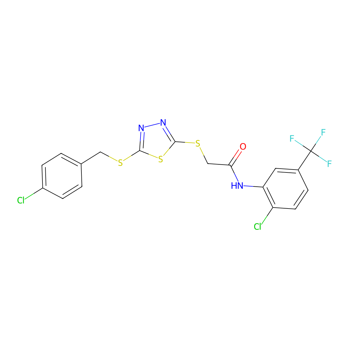 2-({5-[(4-chlorobenzyl)sulfanyl]-1,3,4-thiadiazol-2-yl}sulfanyl)-N-[2-chloro-5-(trifluoromethyl)phenyl]acetamide molecular structure, CAS 499101-74-5