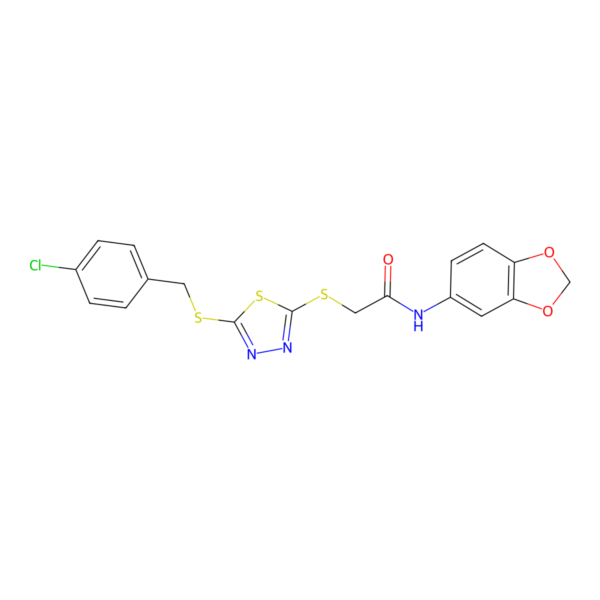 N-(1,3-benzodioxol-5-yl)-2-({5-[(4-chlorobenzyl)sulfanyl]-1,3,4-thiadiazol-2-yl}sulfanyl)acetamide molecular structure, CAS 499101-77-8