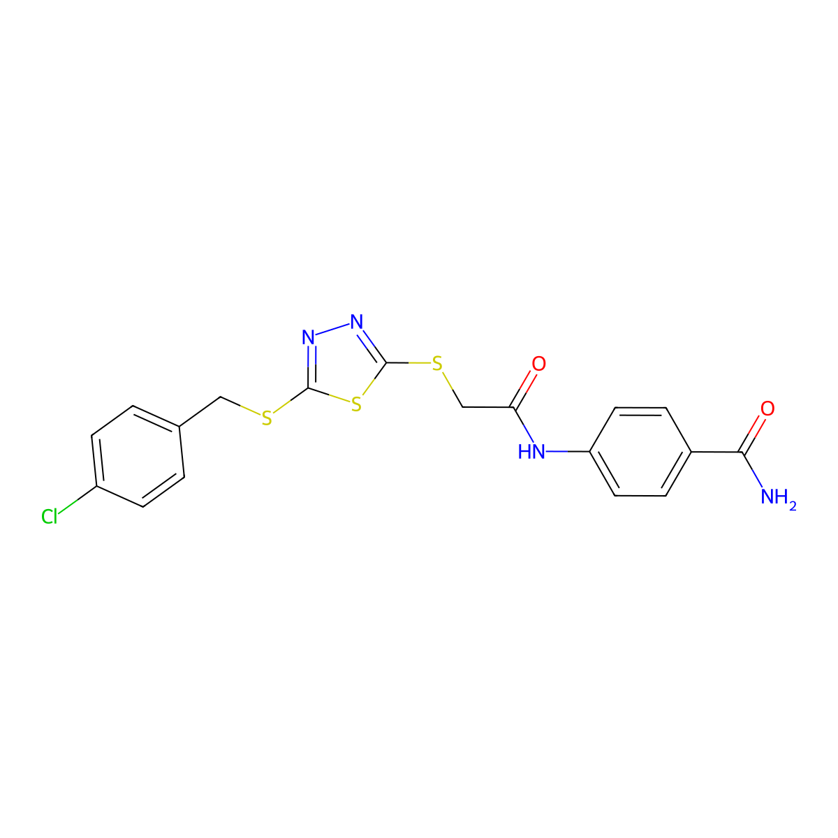 4-{[({5-[(4-Chlorobenzyl)sulfanyl]-1,3,4-thiadiazol-2-yl}sulfanyl)acetyl]amino}benzamide molecular structure, CAS 499101-79-0