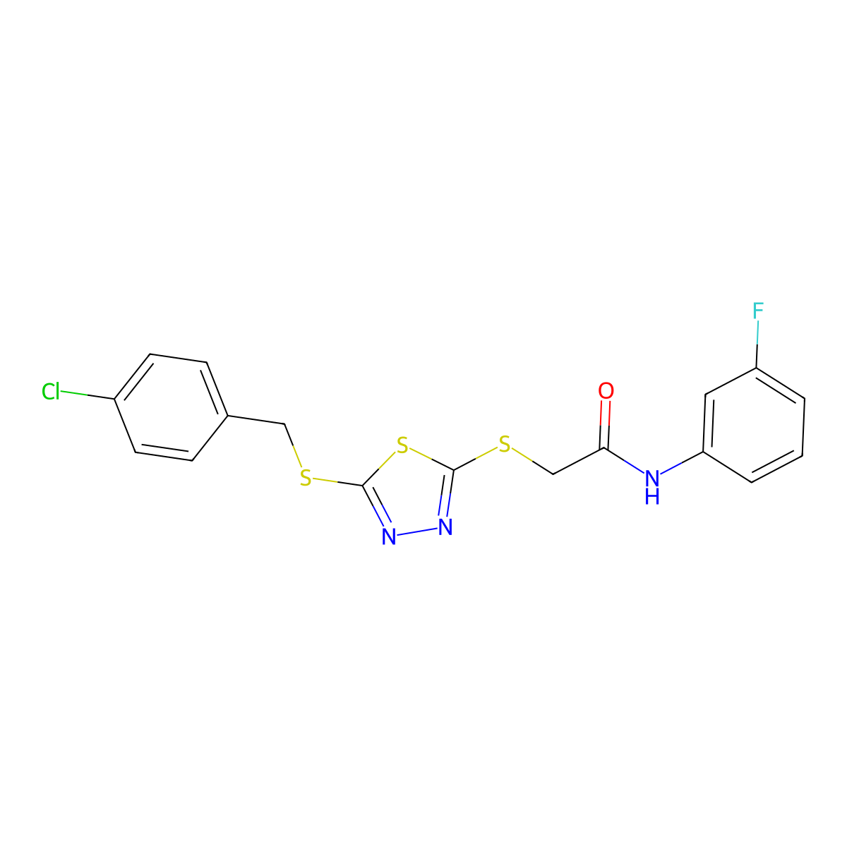 2-({5-[(4-chlorobenzyl)sulfanyl]-1,3,4-thiadiazol-2-yl}sulfanyl)-N-(3-fluorophenyl)acetamide molecular structure, CAS 499101-80-3