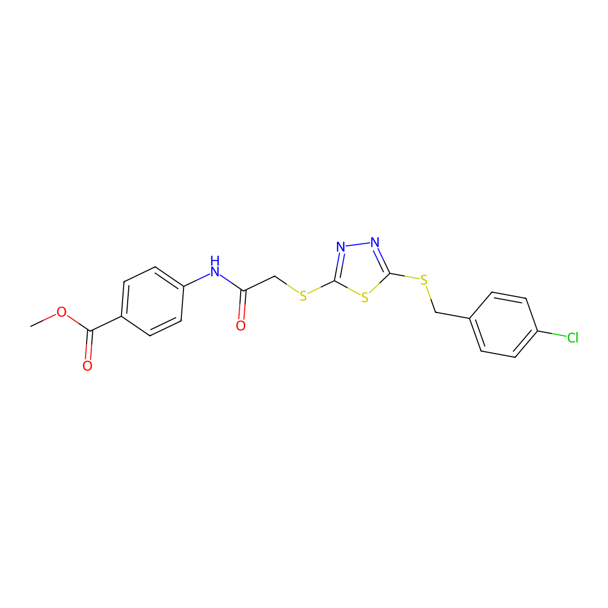 Methyl 4-{[({5-[(4-chlorobenzyl)sulfanyl]-1,3,4-thiadiazol-2-yl}sulfanyl)acetyl]amino}benzoate molecular structure, CAS 499101-82-5