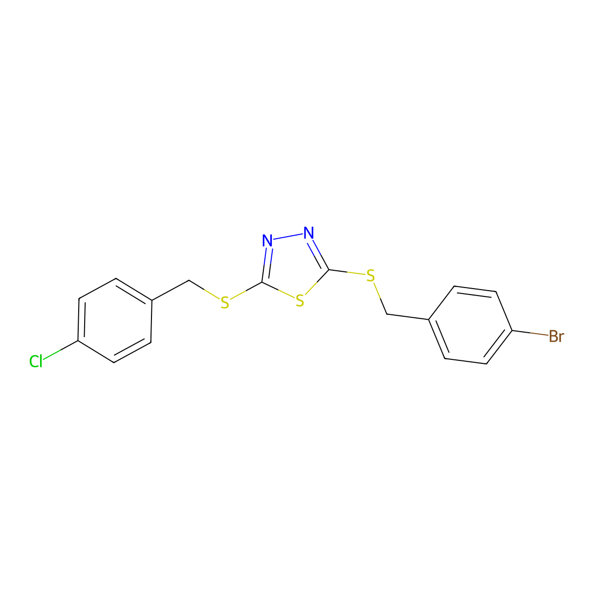 2-((4-Bromobenzyl)sulfanyl)-5-((4-chlorobenzyl)sulfanyl)-1,3,4-thiadiazole molecular structure, CAS 499101-89-2