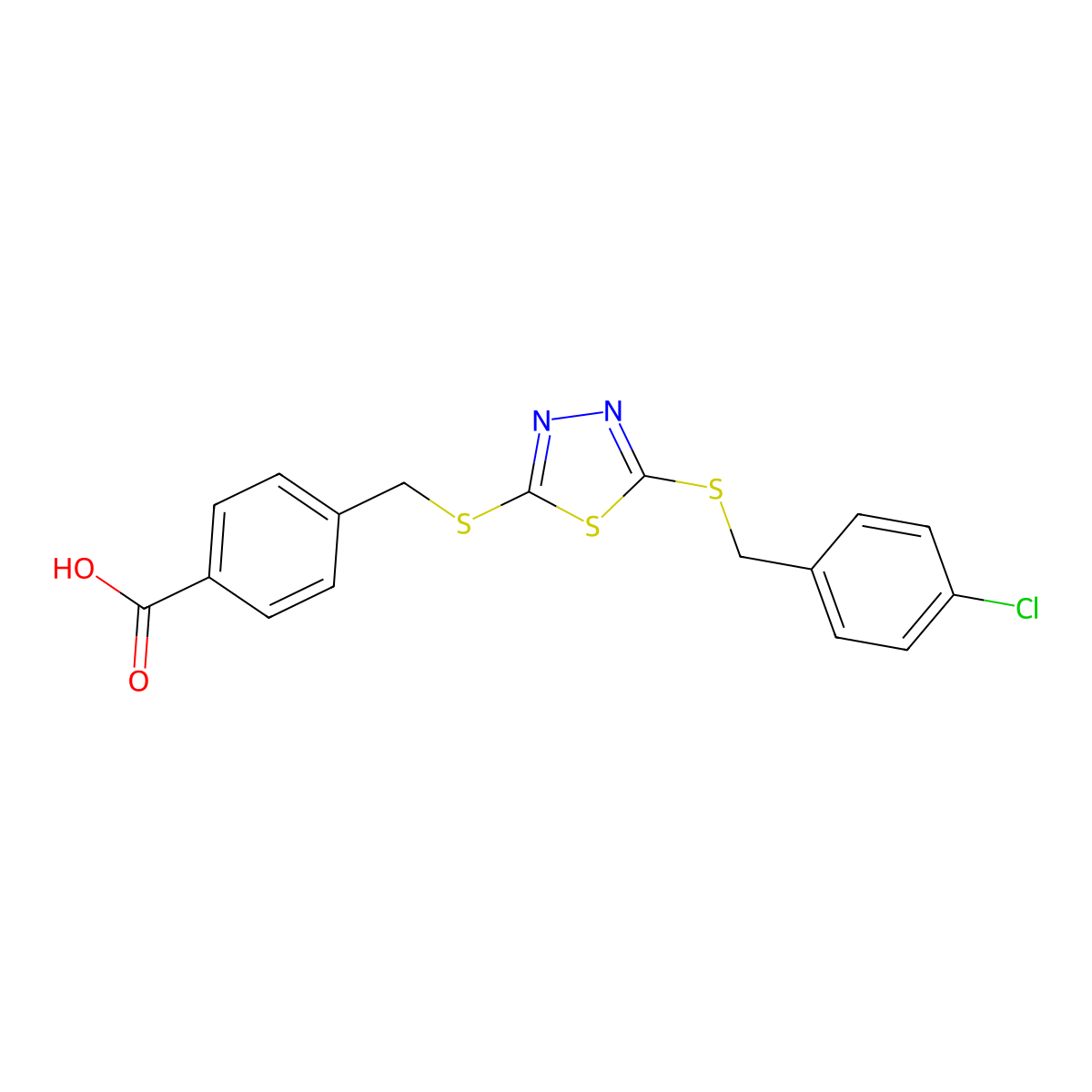 4-[({5-[(4-Chlorobenzyl)sulfanyl]-1,3,4-thiadiazol-2-yl}sulfanyl)methyl]benzoic acid molecular structure, CAS 499101-93-8