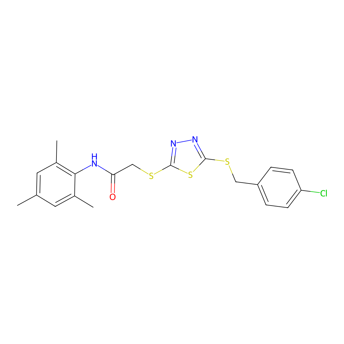 2-({5-[(4-chlorobenzyl)sulfanyl]-1,3,4-thiadiazol-2-yl}sulfanyl)-N-(2,4,6-trimethylphenyl)acetamide molecular structure, CAS 499101-97-2