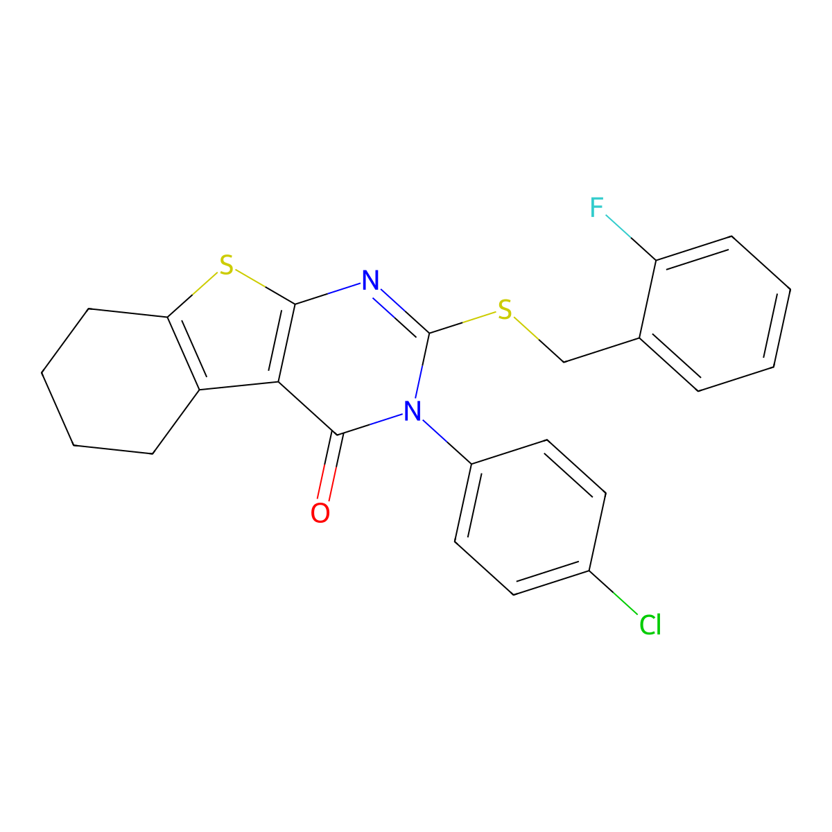 3-(4-chlorophenyl)-2-[(2-fluorobenzyl)sulfanyl]-5,6,7,8-tetrahydro[1]benzothieno[2,3-d]pyrimidin-4(3H)-one molecular structure, CAS 499102-44-2