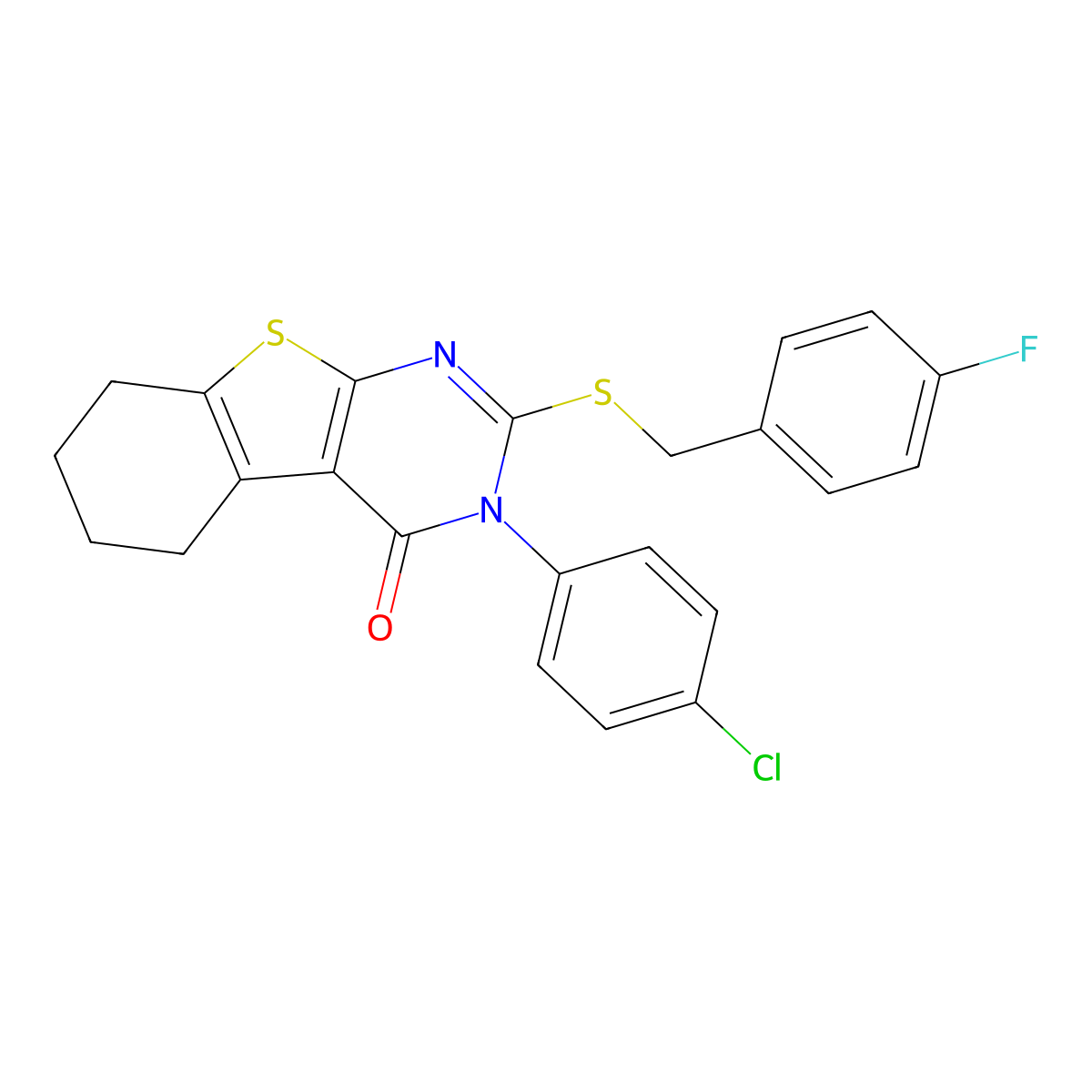 3-(4-chlorophenyl)-2-[(4-fluorobenzyl)sulfanyl]-5,6,7,8-tetrahydro[1]benzothieno[2,3-d]pyrimidin-4(3H)-one molecular structure, CAS 499102-45-3