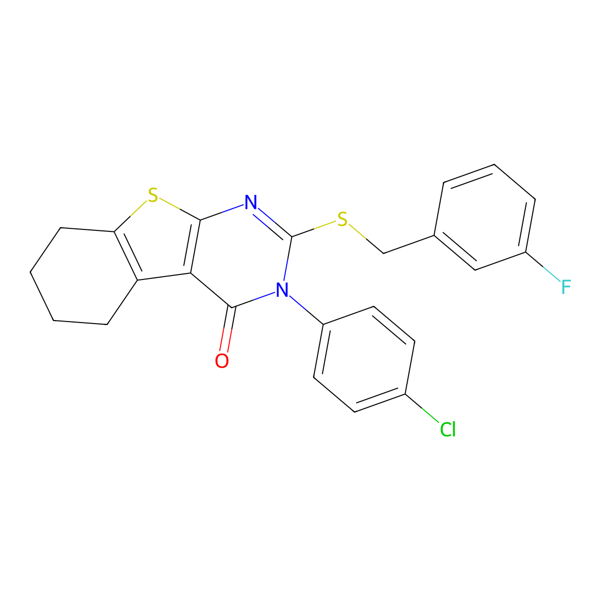 3-(4-chlorophenyl)-2-[(3-fluorobenzyl)sulfanyl]-5,6,7,8-tetrahydro[1]benzothieno[2,3-d]pyrimidin-4(3H)-one molecular structure, CAS 499102-46-4