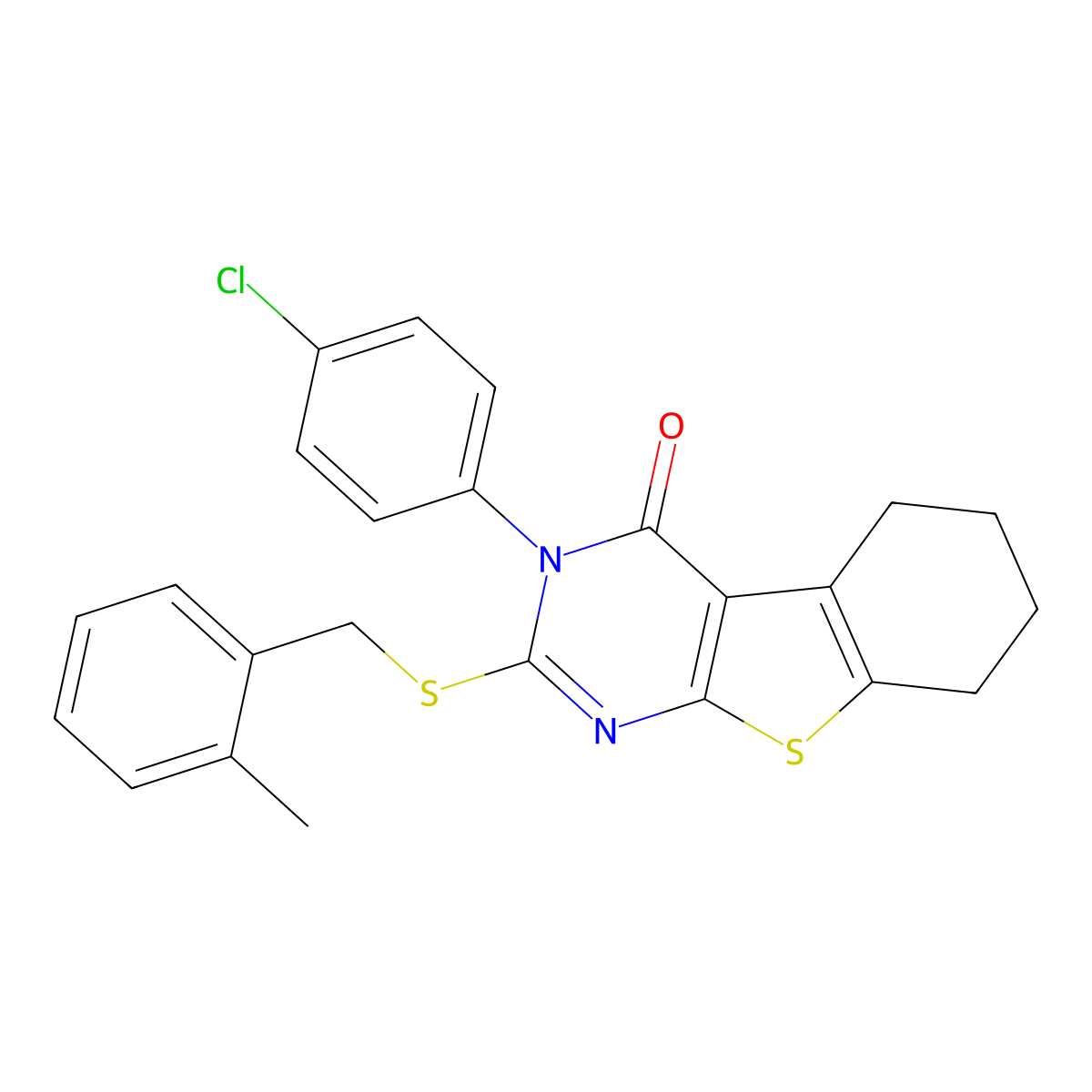 3-(4-chlorophenyl)-2-[(2-methylbenzyl)sulfanyl]-5,6,7,8-tetrahydro[1]benzothieno[2,3-d]pyrimidin-4(3H)-one molecular structure, CAS 499102-47-5