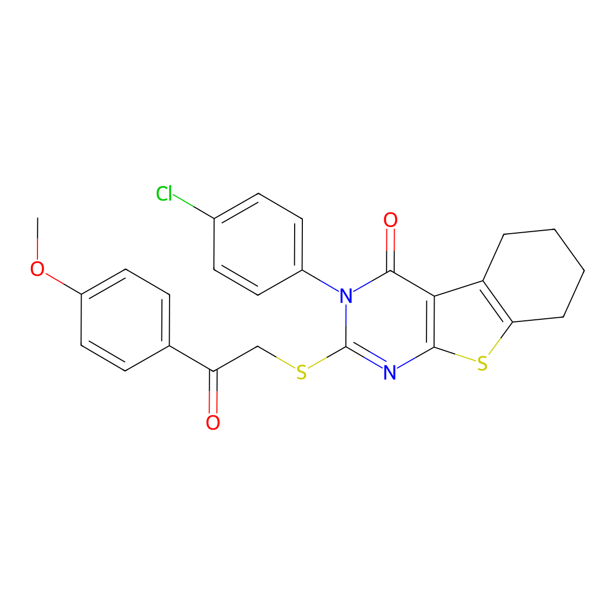 3-(4-chlorophenyl)-2-{[2-(4-methoxyphenyl)-2-oxoethyl]sulfanyl}-5,6,7,8-tetrahydro[1]benzothieno[2,3-d]pyrimidin-4(3H)-one molecular structure, CAS 499102-49-7