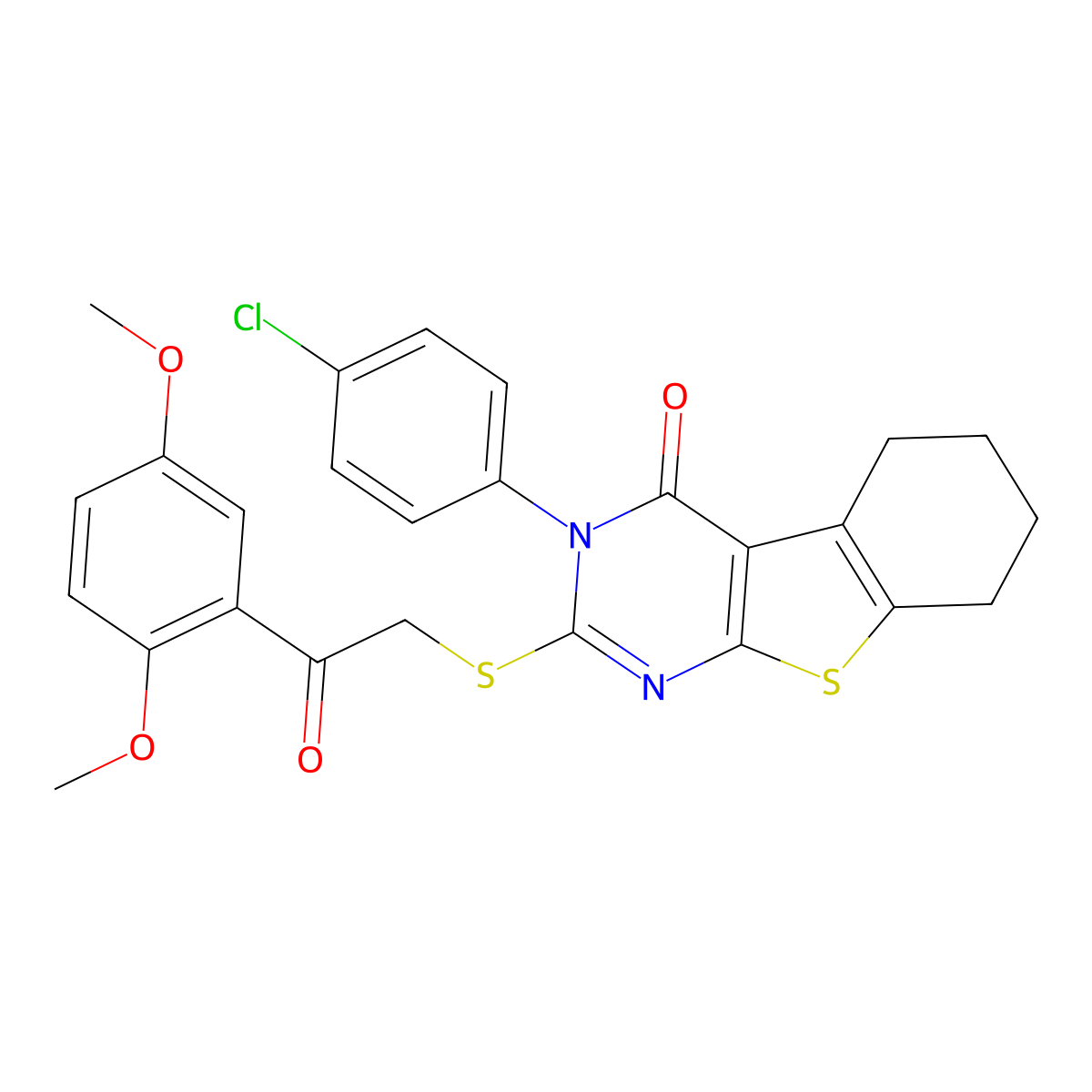 3-(4-chlorophenyl)-2-{[2-(2,5-dimethoxyphenyl)-2-oxoethyl]sulfanyl}-5,6,7,8-tetrahydro[1]benzothieno[2,3-d]pyrimidin-4(3H)-one molecular structure, CAS 499102-51-1