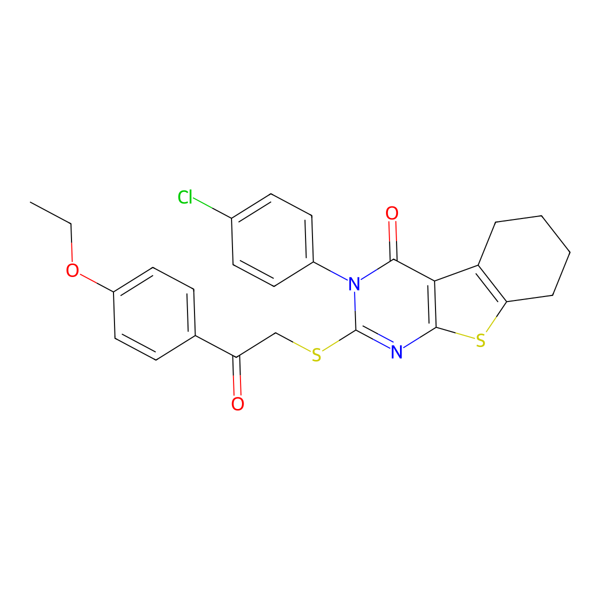 3-(4-chlorophenyl)-2-{[2-(4-ethoxyphenyl)-2-oxoethyl]sulfanyl}-5,6,7,8-tetrahydro[1]benzothieno[2,3-d]pyrimidin-4(3H)-one molecular structure, CAS 499102-52-2
