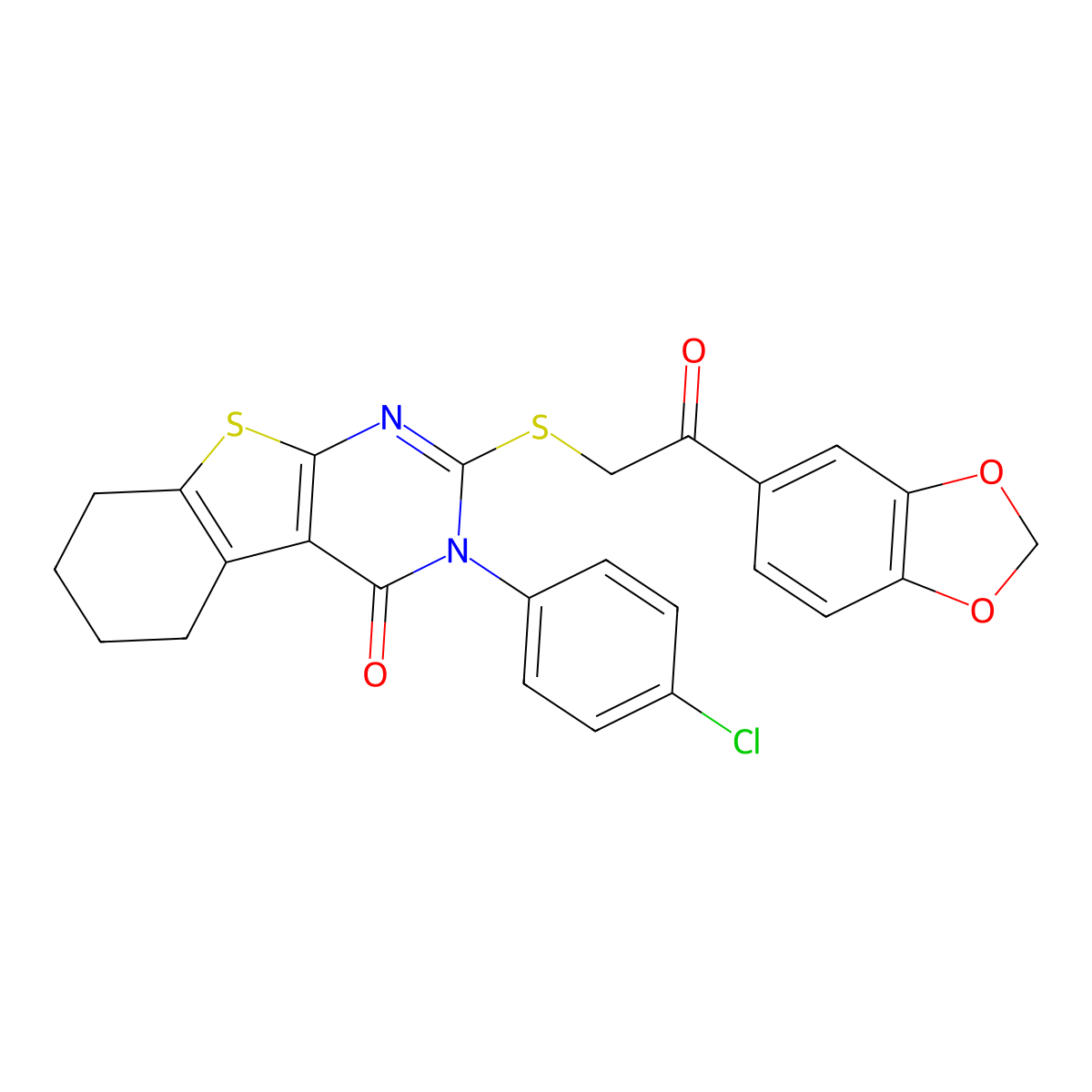 2-{[2-(1,3-benzodioxol-5-yl)-2-oxoethyl]sulfanyl}-3-(4-chlorophenyl)-5,6,7,8-tetrahydro[1]benzothieno[2,3-d]pyrimidin-4(3H)-one molecular structure, CAS 499102-53-3
