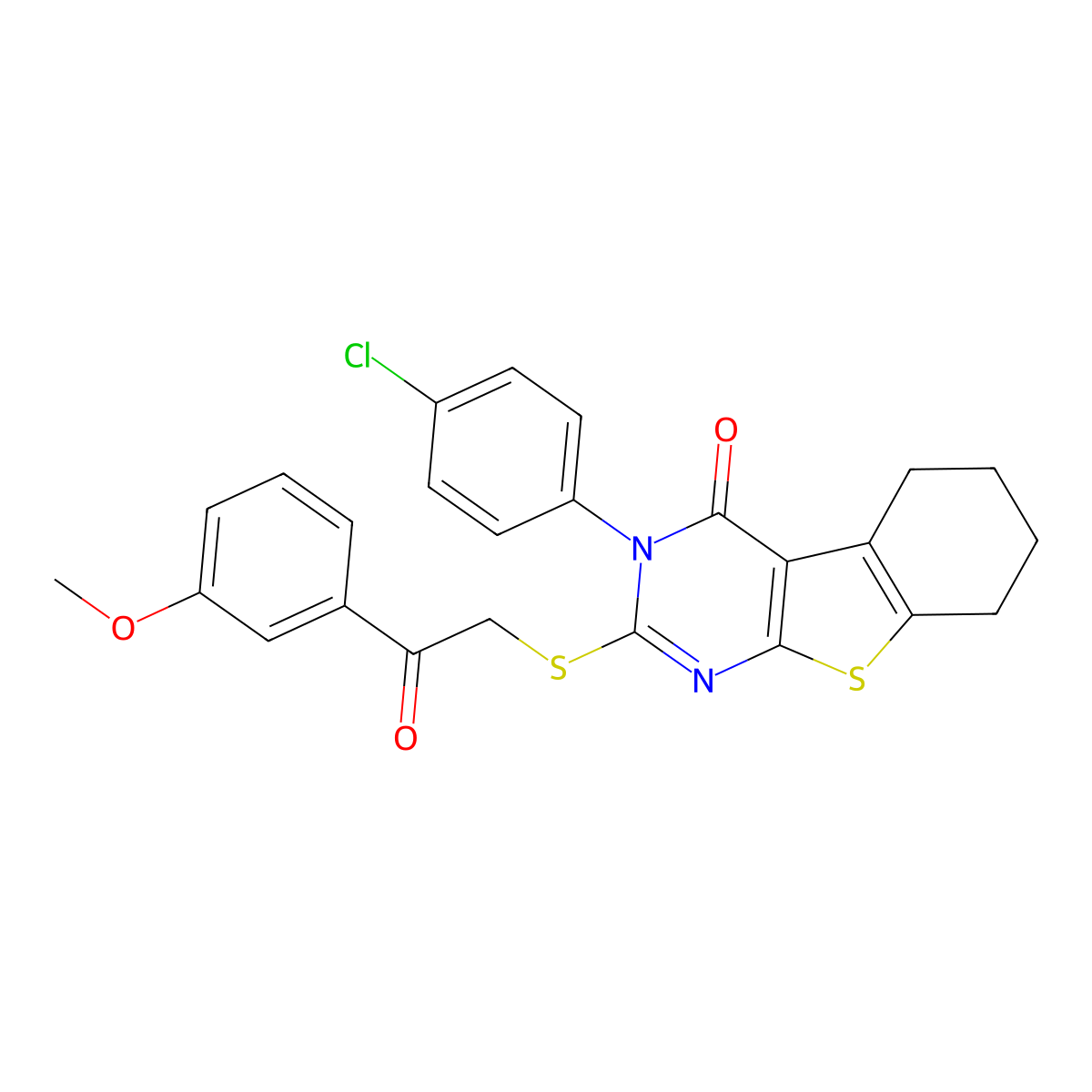 3-(4-chlorophenyl)-2-{[2-(3-methoxyphenyl)-2-oxoethyl]sulfanyl}-5,6,7,8-tetrahydro[1]benzothieno[2,3-d]pyrimidin-4(3H)-one molecular structure, CAS 499102-54-4