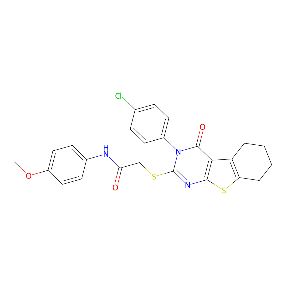 2-{[3-(4-chlorophenyl)-4-oxo-3,4,5,6,7,8-hexahydro[1]benzothieno[2,3-d]pyrimidin-2-yl]sulfanyl}-N-(4-methoxyphenyl)acetamide molecular structure, CAS 499102-55-5