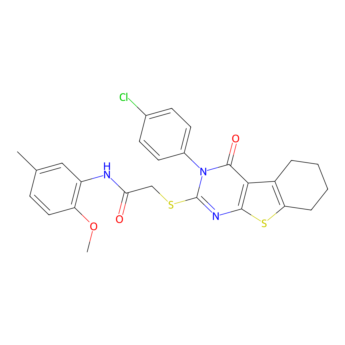 2-{[3-(4-chlorophenyl)-4-oxo-3,4,5,6,7,8-hexahydro[1]benzothieno[2,3-d]pyrimidin-2-yl]sulfanyl}-N-(2-methoxy-5-methylphenyl)acetamide molecular structure, CAS 499102-56-6