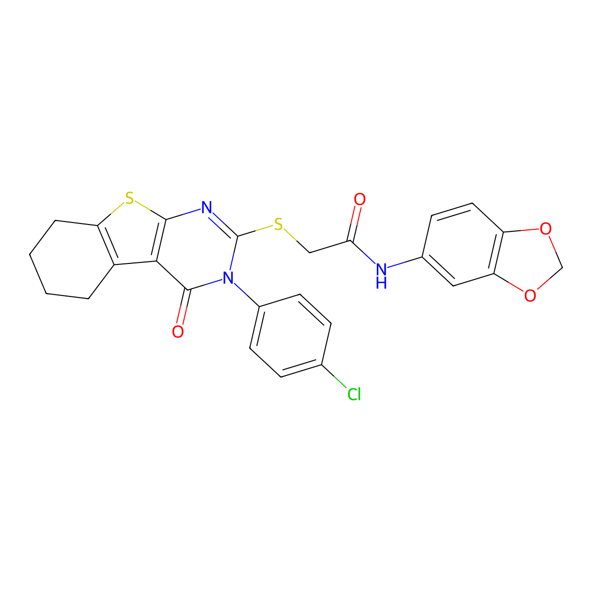 N-(1,3-benzodioxol-5-yl)-2-{[3-(4-chlorophenyl)-4-oxo-3,4,5,6,7,8-hexahydro[1]benzothieno[2,3-d]pyrimidin-2-yl]sulfanyl}acetamide molecular structure, CAS 499102-57-7