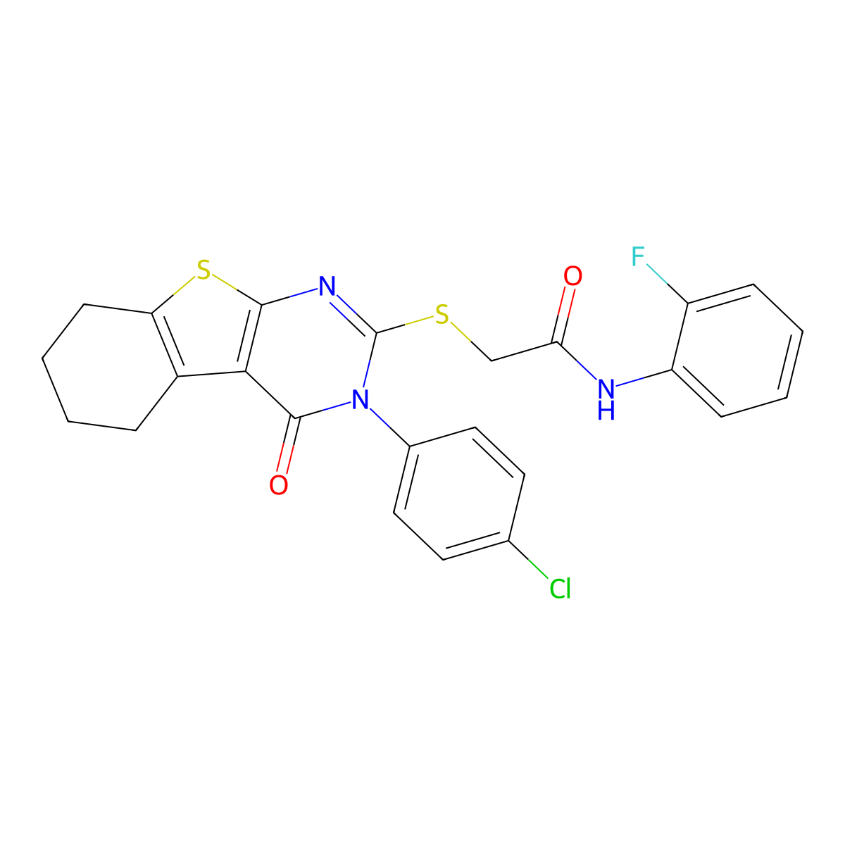 2-{[3-(4-chlorophenyl)-4-oxo-3,4,5,6,7,8-hexahydro[1]benzothieno[2,3-d]pyrimidin-2-yl]sulfanyl}-N-(2-fluorophenyl)acetamide molecular structure, CAS 499102-59-9