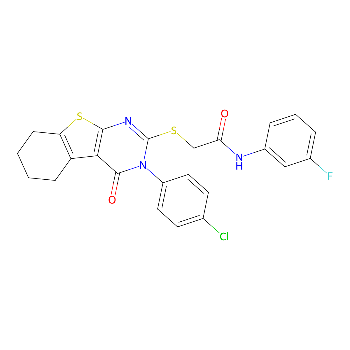 2-{[3-(4-chlorophenyl)-4-oxo-3,4,5,6,7,8-hexahydro[1]benzothieno[2,3-d]pyrimidin-2-yl]sulfanyl}-N-(3-fluorophenyl)acetamide molecular structure, CAS 499102-60-2