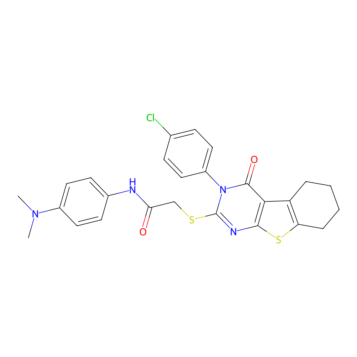 2-{[3-(4-chlorophenyl)-4-oxo-3,4,5,6,7,8-hexahydro[1]benzothieno[2,3-d]pyrimidin-2-yl]sulfanyl}-N-[4-(dimethylamino)phenyl]acetamide molecular structure, CAS 499102-64-6