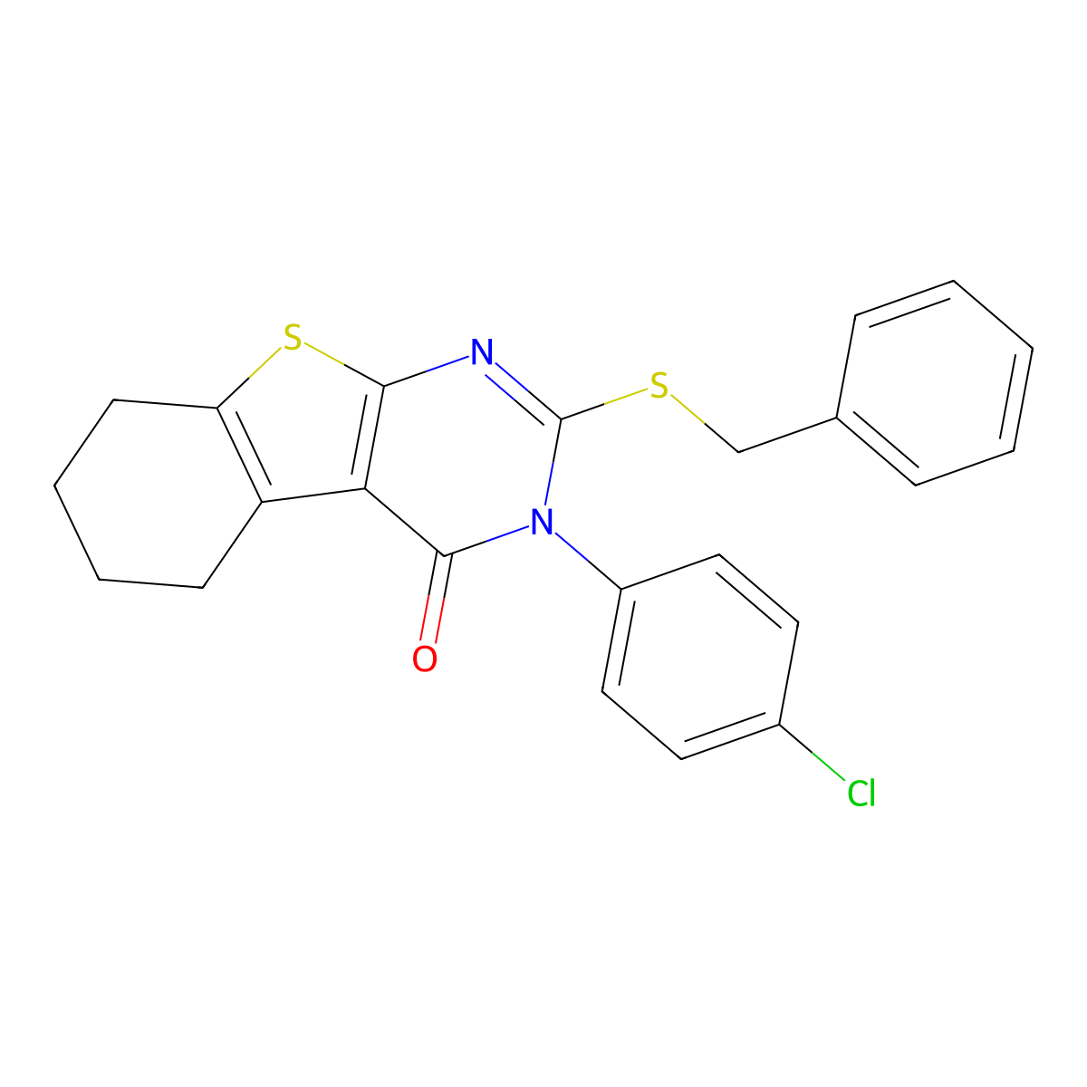 2-(benzylsulfanyl)-3-(4-chlorophenyl)-5,6,7,8-tetrahydro[1]benzothieno[2,3-d]pyrimidin-4(3H)-one molecular structure, CAS 499102-66-8