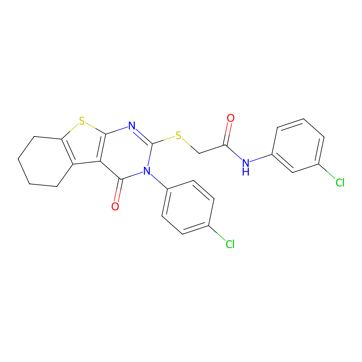 N-(3-chlorophenyl)-2-{[3-(4-chlorophenyl)-4-oxo-3,4,5,6,7,8-hexahydro[1]benzothieno[2,3-d]pyrimidin-2-yl]sulfanyl}acetamide molecular structure, CAS 499102-69-1
