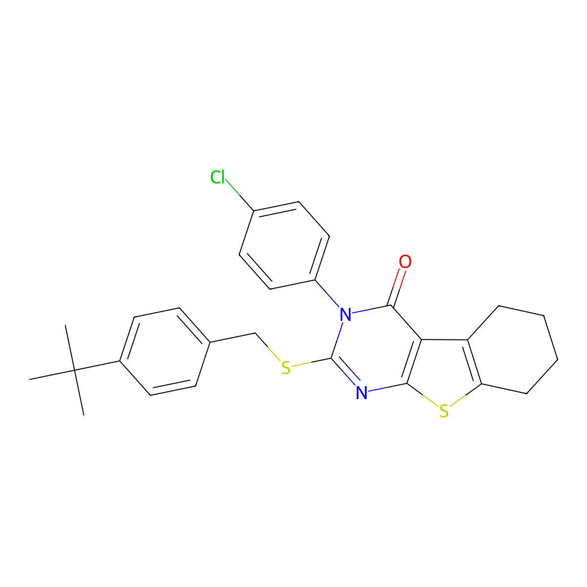 2-[(4-tert-butylbenzyl)sulfanyl]-3-(4-chlorophenyl)-5,6,7,8-tetrahydro[1]benzothieno[2,3-d]pyrimidin-4(3H)-one molecular structure, CAS 499102-72-6