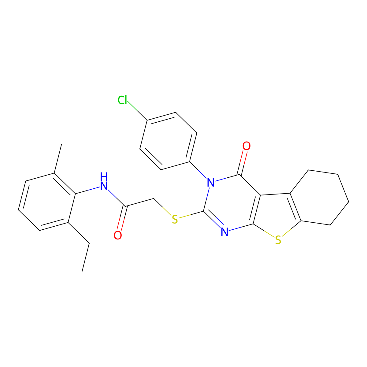 2-{[3-(4-chlorophenyl)-4-oxo-3,4,5,6,7,8-hexahydro[1]benzothieno[2,3-d]pyrimidin-2-yl]sulfanyl}-N-(2-ethyl-6-methylphenyl)acetamide molecular structure, CAS 499102-75-9