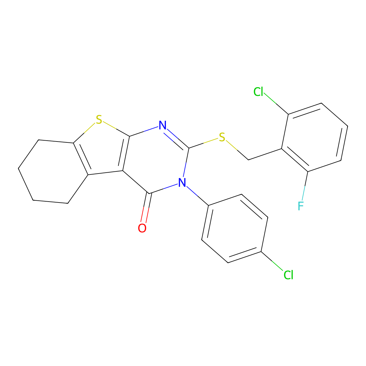 2-[(2-chloro-6-fluorobenzyl)sulfanyl]-3-(4-chlorophenyl)-5,6,7,8-tetrahydro[1]benzothieno[2,3-d]pyrimidin-4(3H)-one molecular structure, CAS 499102-76-0