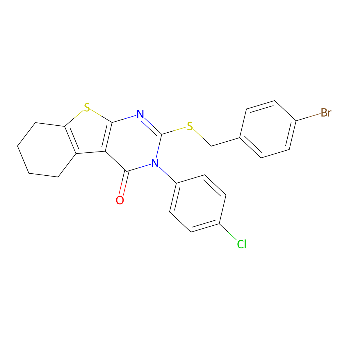 2-[(4-bromobenzyl)sulfanyl]-3-(4-chlorophenyl)-5,6,7,8-tetrahydro[1]benzothieno[2,3-d]pyrimidin-4(3H)-one molecular structure, CAS 499102-78-2
