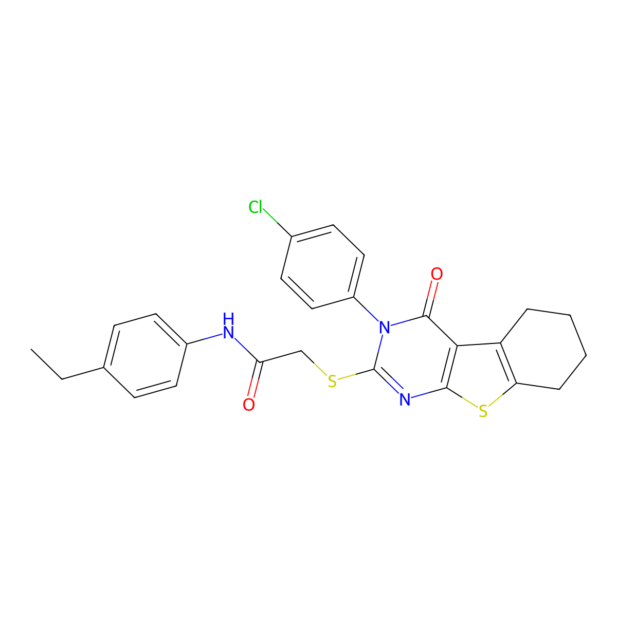 2-{[3-(4-chlorophenyl)-4-oxo-3,4,5,6,7,8-hexahydro[1]benzothieno[2,3-d]pyrimidin-2-yl]sulfanyl}-N-(4-ethylphenyl)acetamide molecular structure, CAS 499102-79-3