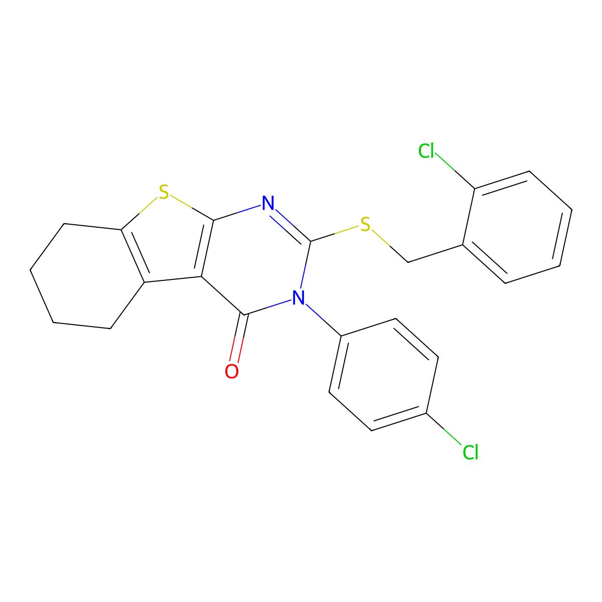 2-[(2-chlorobenzyl)sulfanyl]-3-(4-chlorophenyl)-5,6,7,8-tetrahydro[1]benzothieno[2,3-d]pyrimidin-4(3H)-one molecular structure, CAS 499102-80-6