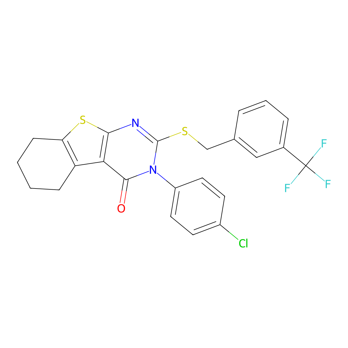 3-(4-chlorophenyl)-2-{[3-(trifluoromethyl)benzyl]sulfanyl}-5,6,7,8-tetrahydro[1]benzothieno[2,3-d]pyrimidin-4(3H)-one molecular structure, CAS 499102-83-9