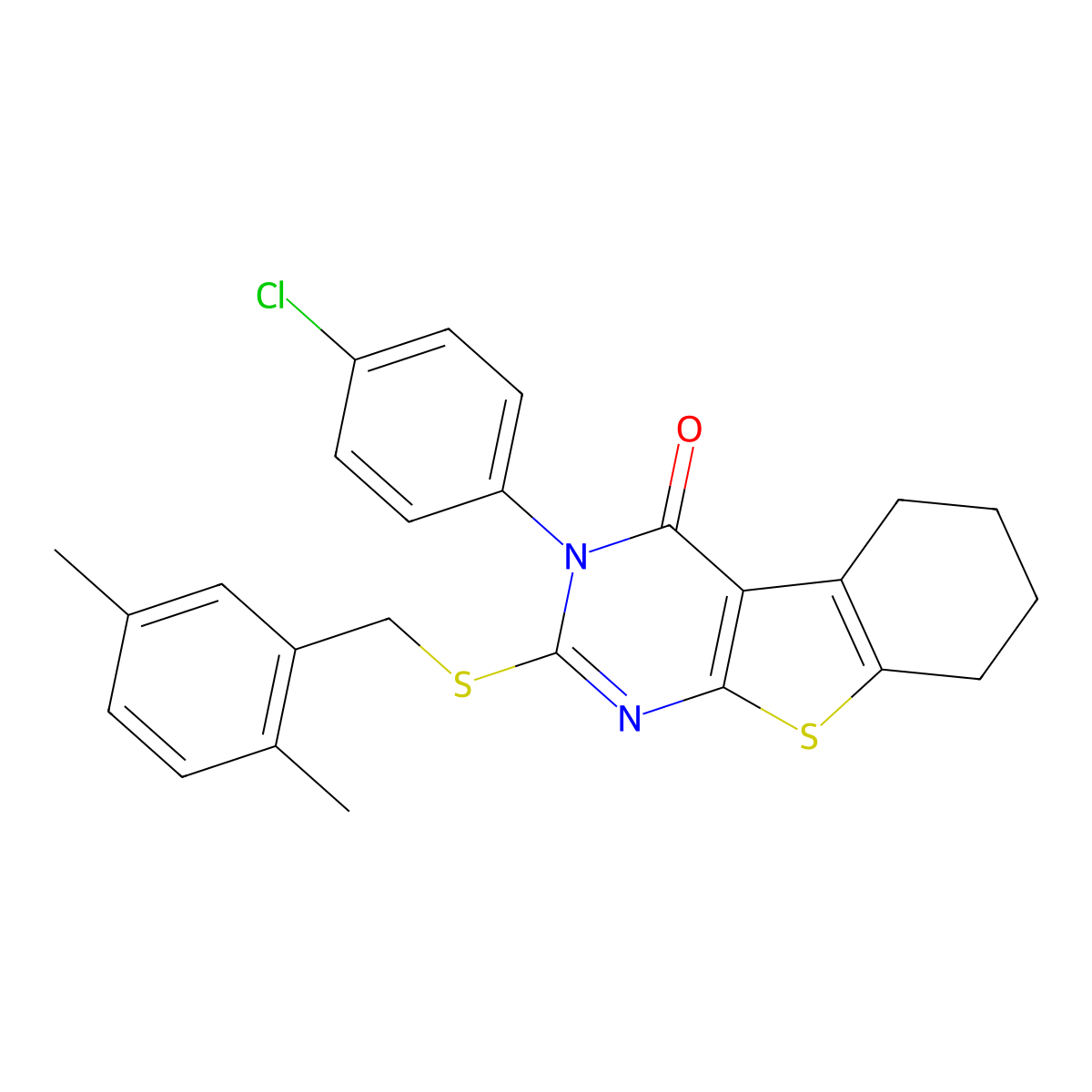 3-(4-chlorophenyl)-2-[(2,5-dimethylbenzyl)sulfanyl]-5,6,7,8-tetrahydro[1]benzothieno[2,3-d]pyrimidin-4(3H)-one molecular structure, CAS 499102-84-0