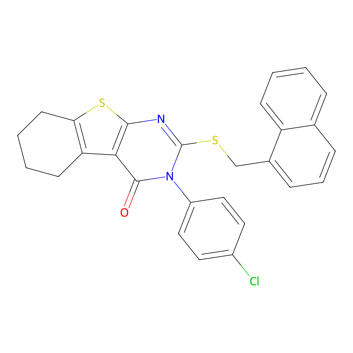 3-(4-chlorophenyl)-2-[(naphthalen-1-ylmethyl)sulfanyl]-5,6,7,8-tetrahydro[1]benzothieno[2,3-d]pyrimidin-4(3H)-one molecular structure, CAS 499102-85-1
