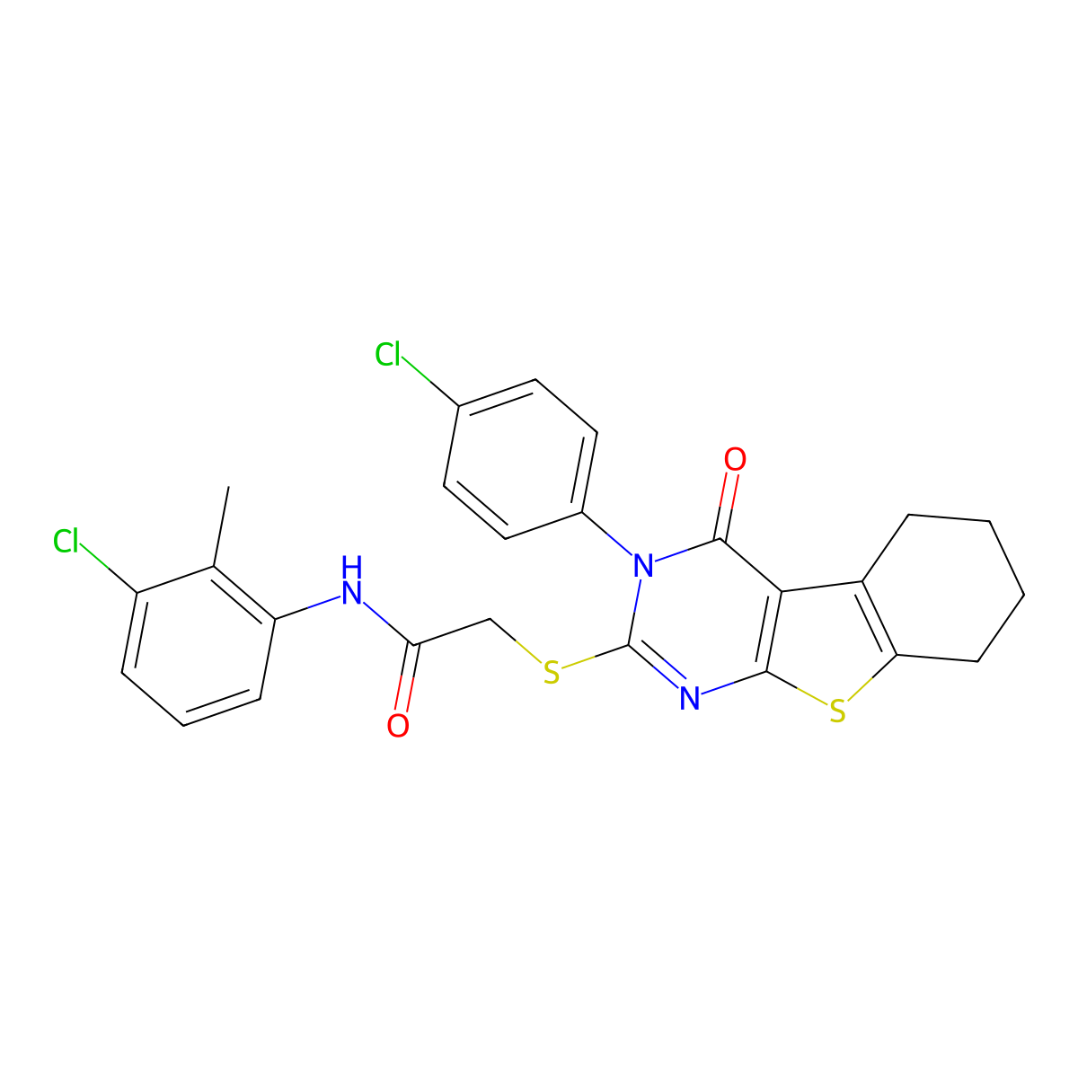 N-(3-chloro-2-methylphenyl)-2-{[3-(4-chlorophenyl)-4-oxo-3,4,5,6,7,8-hexahydro[1]benzothieno[2,3-d]pyrimidin-2-yl]sulfanyl}acetamide molecular structure, CAS 499102-87-3