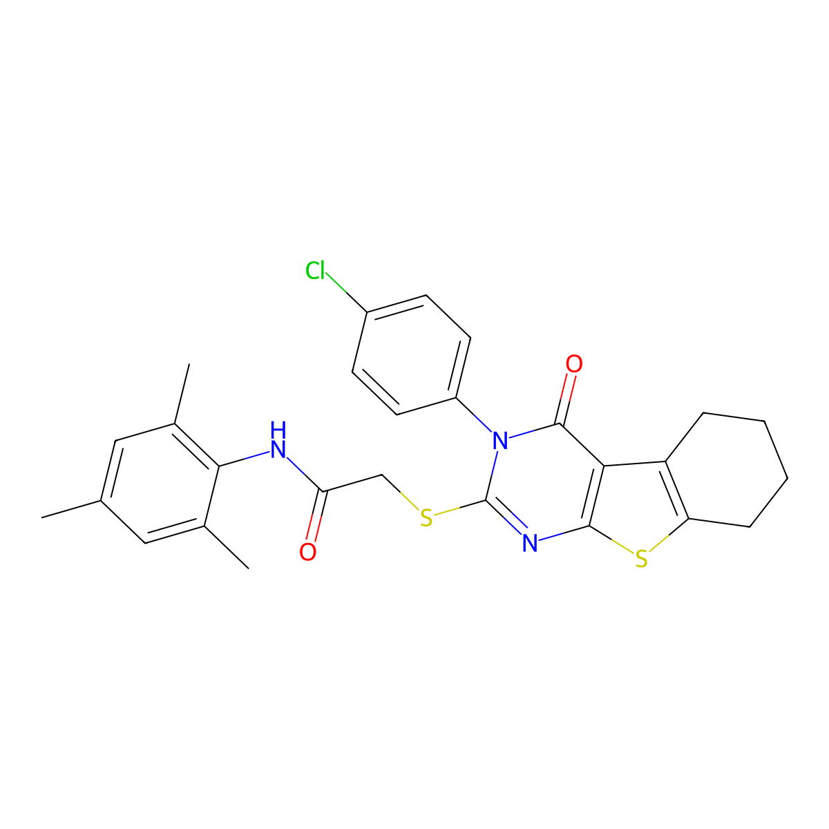 2-{[3-(4-chlorophenyl)-4-oxo-3,4,5,6,7,8-hexahydro[1]benzothieno[2,3-d]pyrimidin-2-yl]sulfanyl}-N-(2,4,6-trimethylphenyl)acetamide molecular structure, CAS 499102-89-5