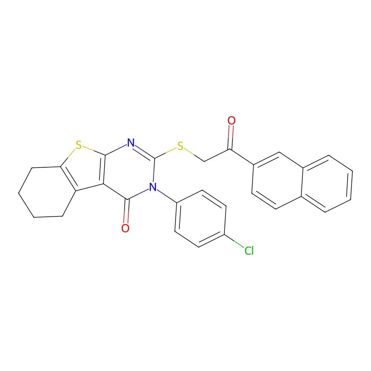3-(4-chlorophenyl)-2-{[2-(naphthalen-2-yl)-2-oxoethyl]sulfanyl}-5,6,7,8-tetrahydro[1]benzothieno[2,3-d]pyrimidin-4(3H)-one molecular structure, CAS 499102-90-8
