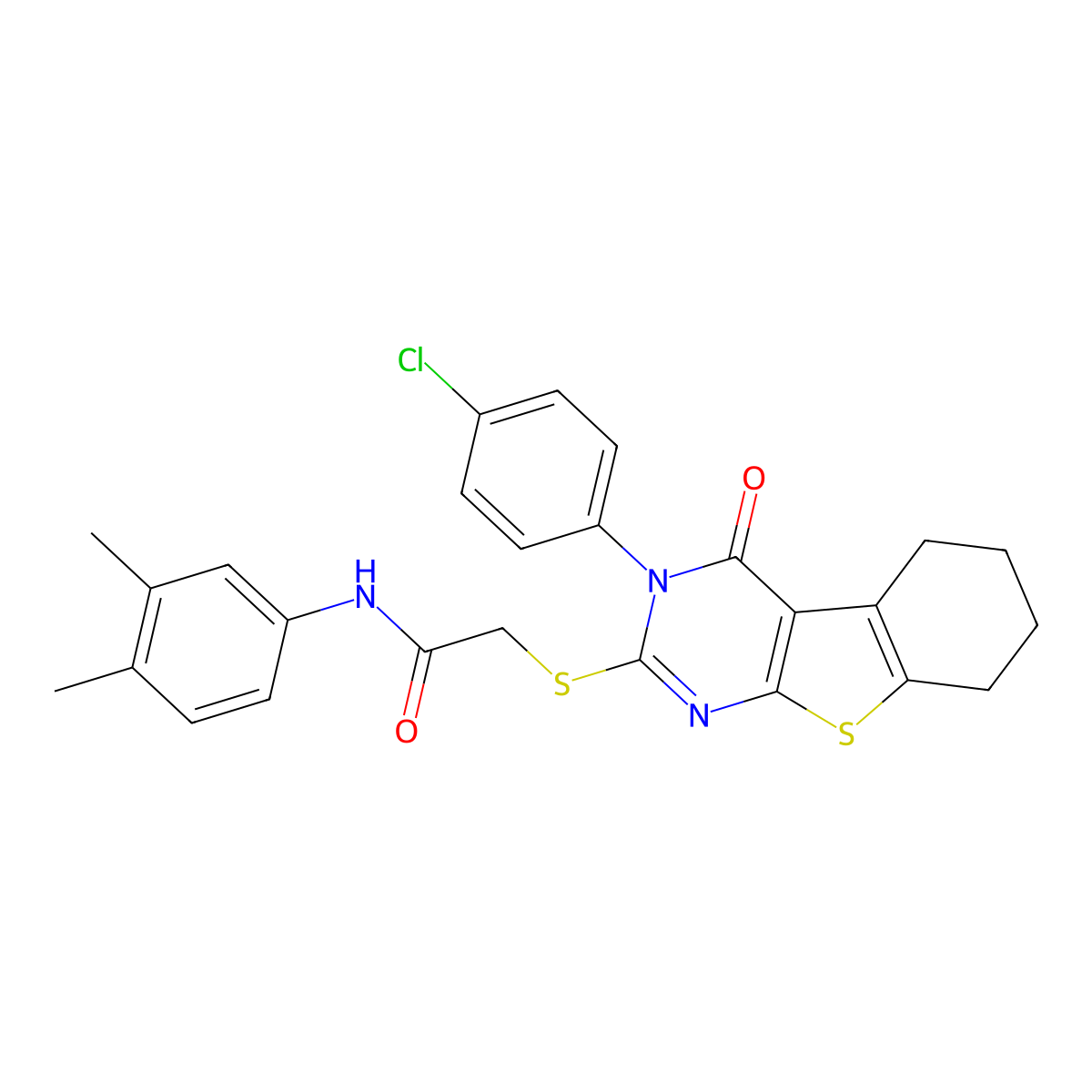 2-{[3-(4-chlorophenyl)-4-oxo-3,4,5,6,7,8-hexahydro[1]benzothieno[2,3-d]pyrimidin-2-yl]sulfanyl}-N-(3,4-dimethylphenyl)acetamide molecular structure, CAS 499102-92-0