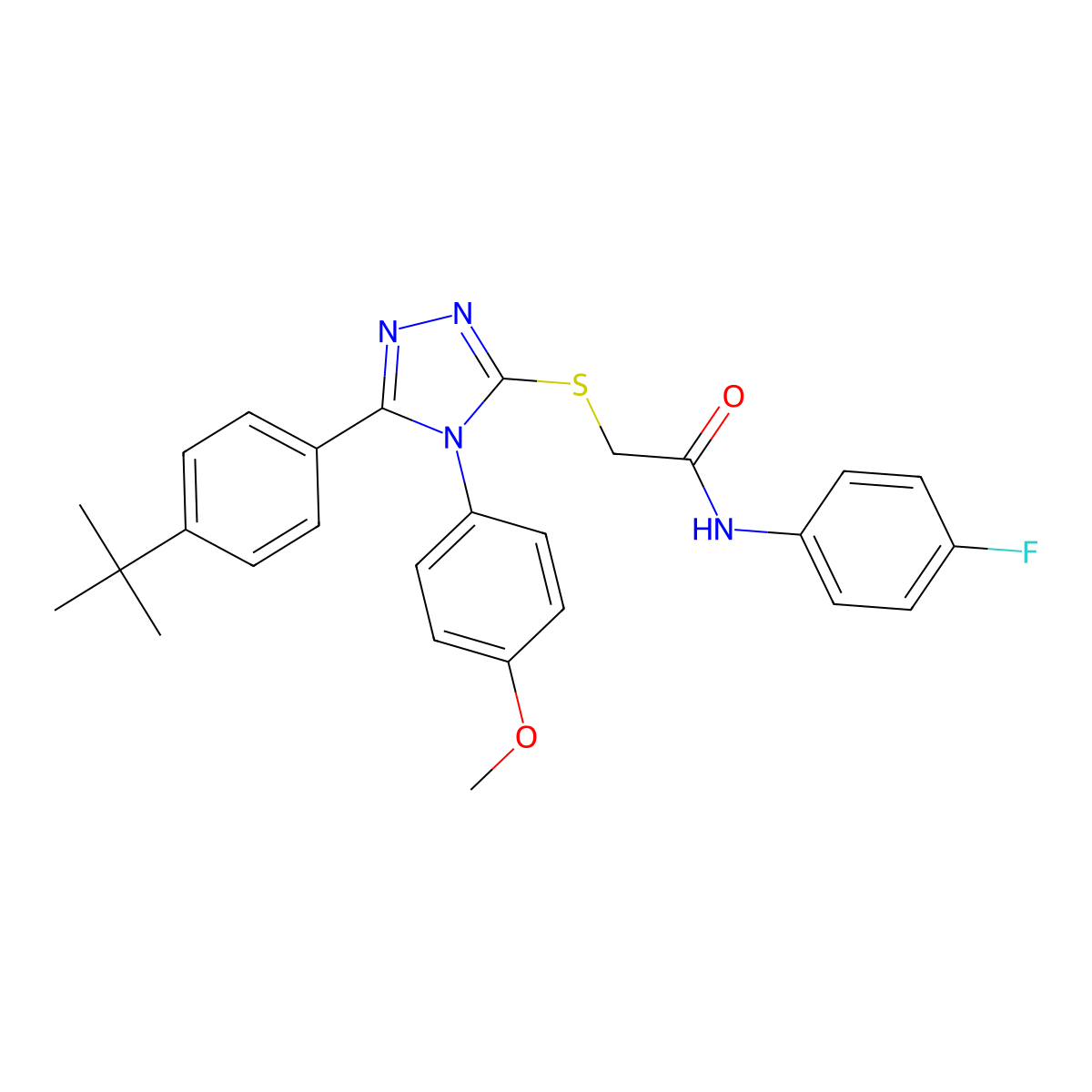 2-{[5-(4-tert-butylphenyl)-4-(4-methoxyphenyl)-4H-1,2,4-triazol-3-yl]sulfanyl}-N-(4-fluorophenyl)acetamide molecular structure, CAS 499103-13-8